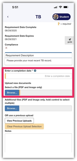 Requirement details screen with the completion date and Browser button highlighted to show where to upload a document.