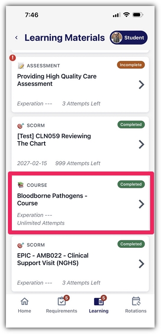 Learning Materials screen with an assigned course highlighted.