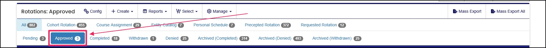 Rotations table highlighting Approved filter button.
