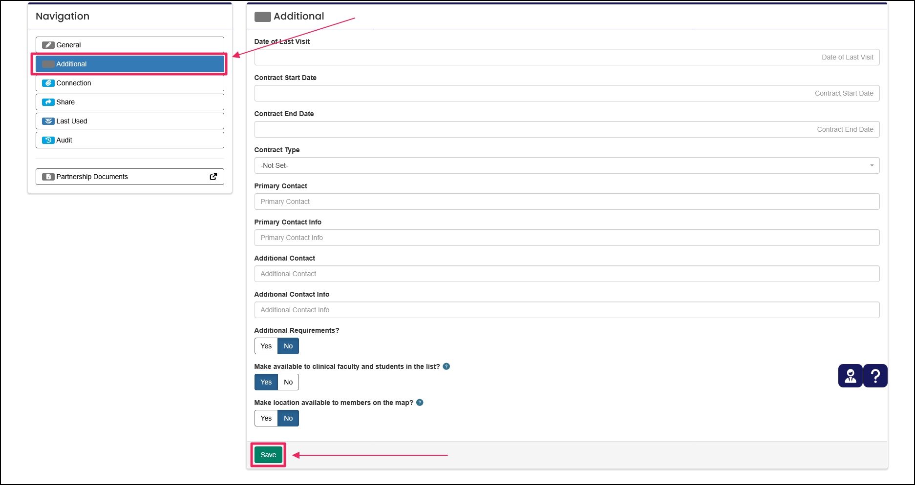 Add Entity additional information form example highlighting Additional button and Save button.