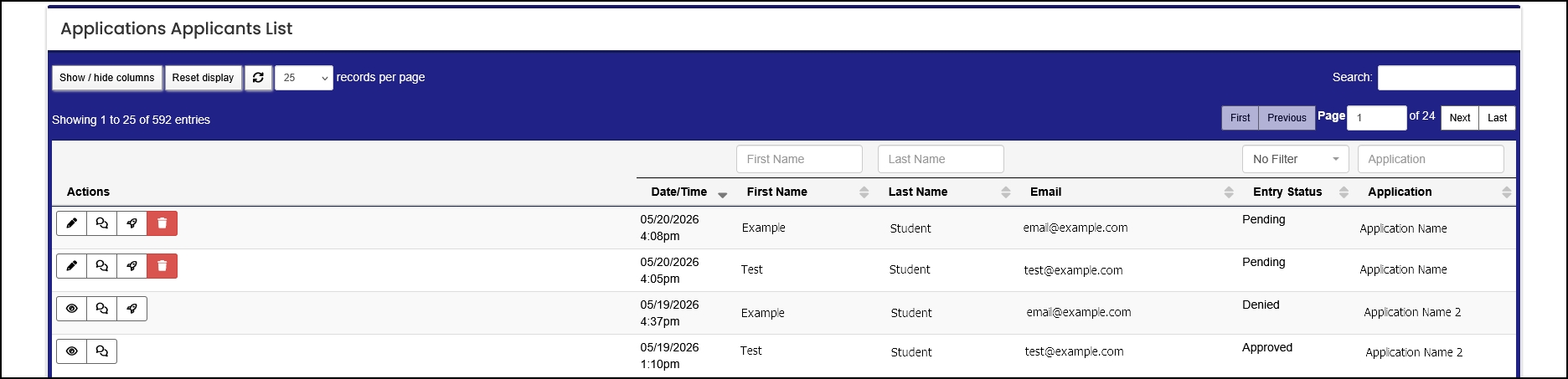 Applicants List table example.
