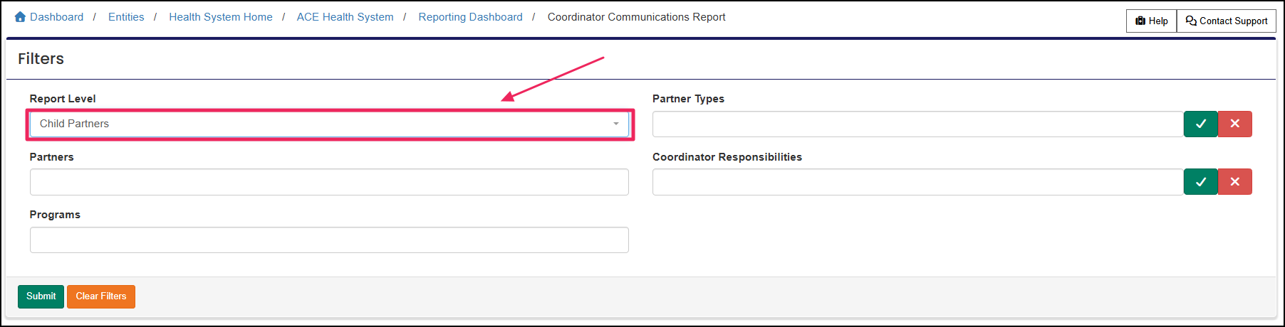 Coordinator communications report highlighting the report level filter.