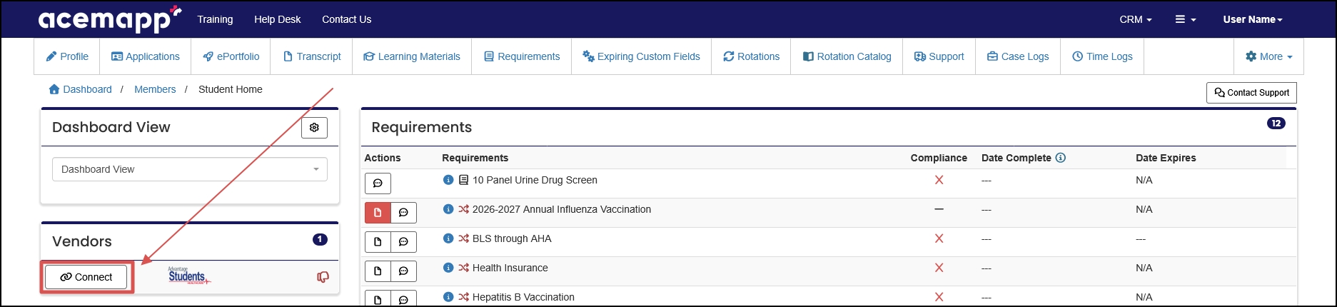 Home page highlighting the Connect button in the Vendors window.