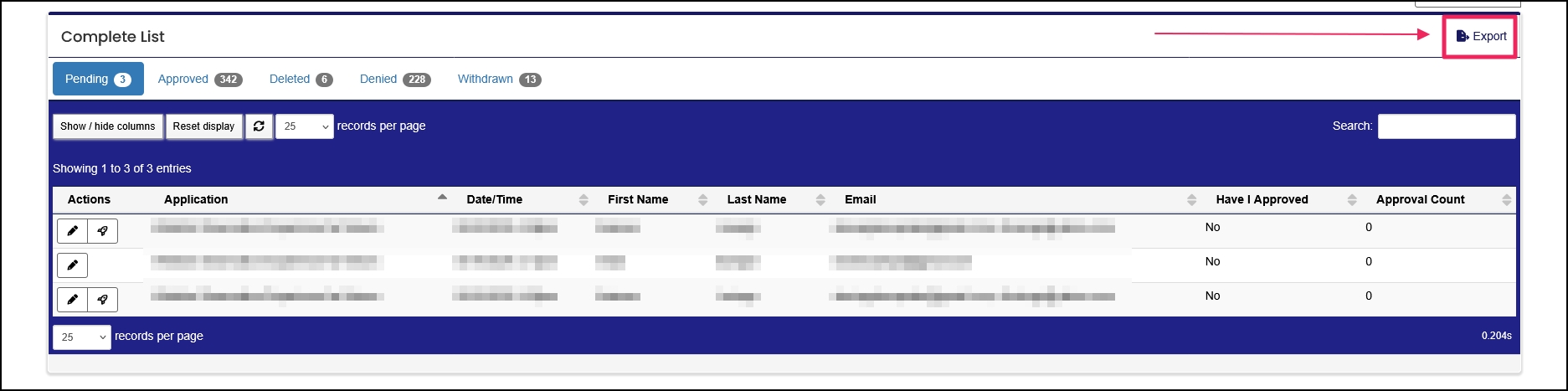 Complete List table highlighting Export button.