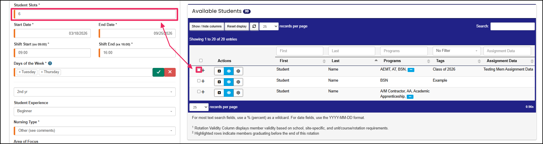Edit Rotation Students tab highlighting assign student check box and Student Slots field.