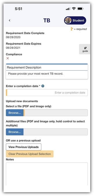 Requirement details screen showing the requirement description, completion date field, file upload options, and notes field.