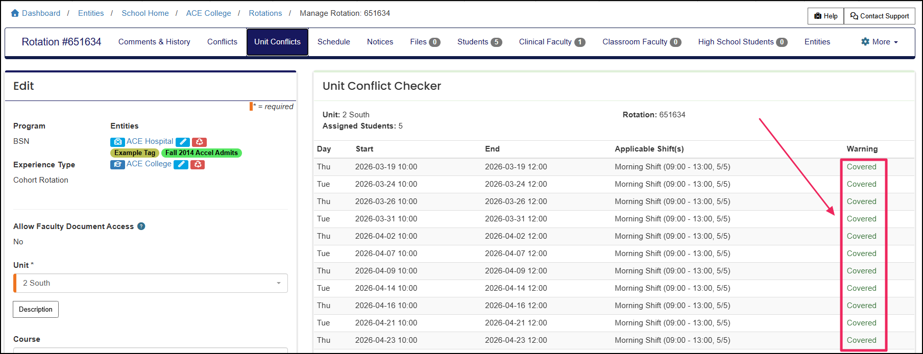 Unit conflict checker highlighting the warning column showing covered.