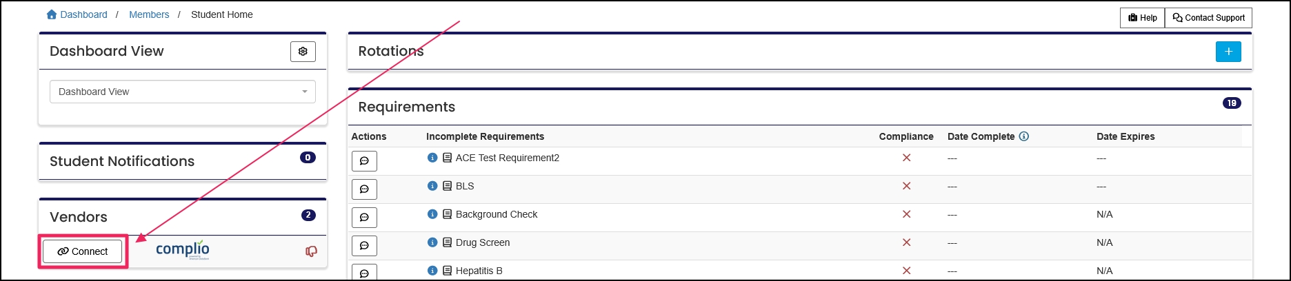 Member navigation panel highlighting Connect button