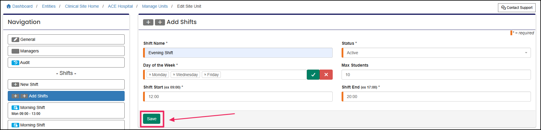 Add shifts page highlighting the save button.