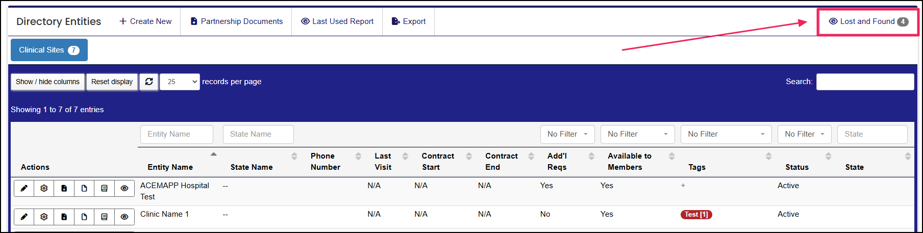 Directory Entities table highlighting Lost and Found button.
