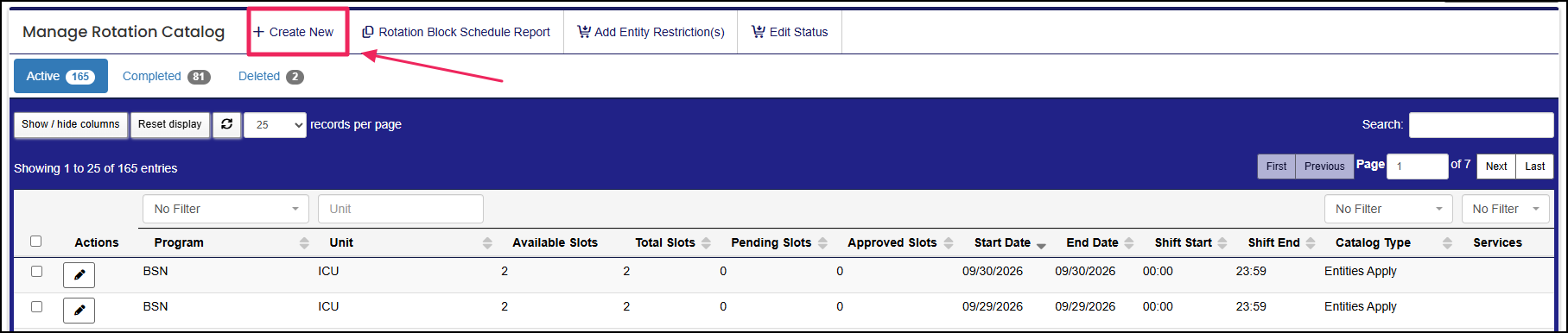 Manage rotation catalog table highlighting the "Create New" button.