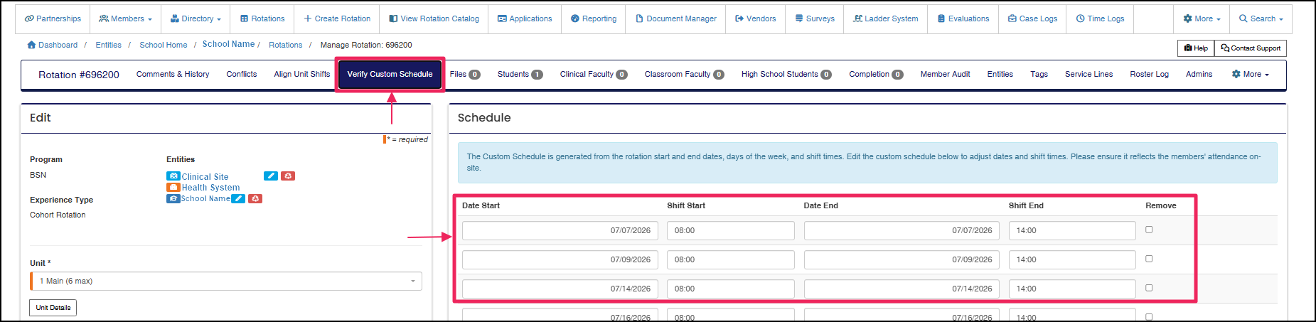 Edit Rotation screen highlighting Verify Custom Schedule section