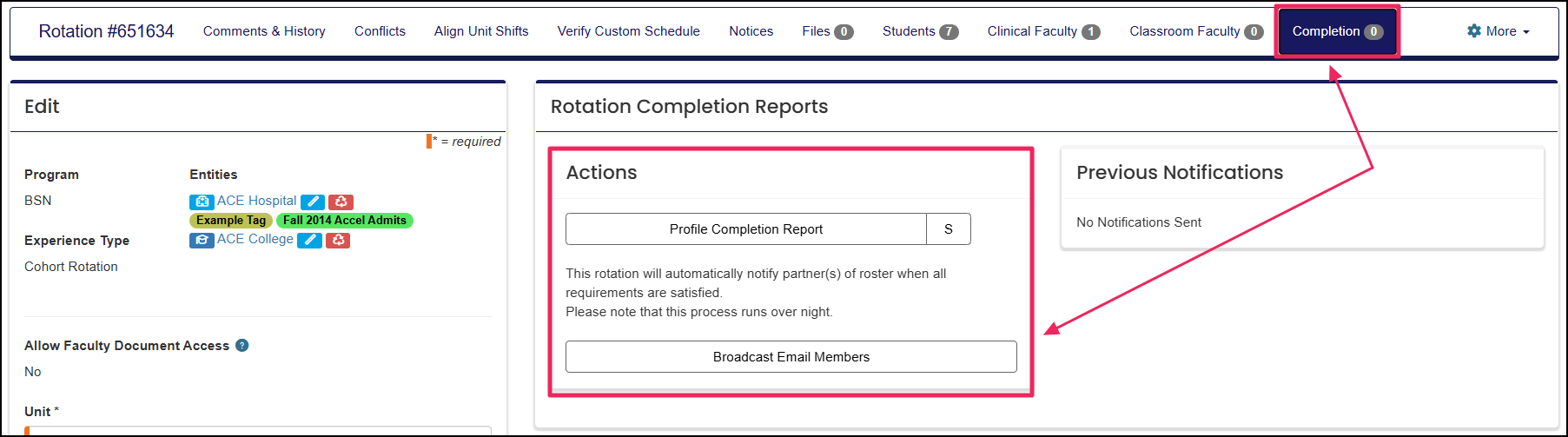 Edit Rotation page highlighting Completion tab and Rotation Completion Reports panel example.
