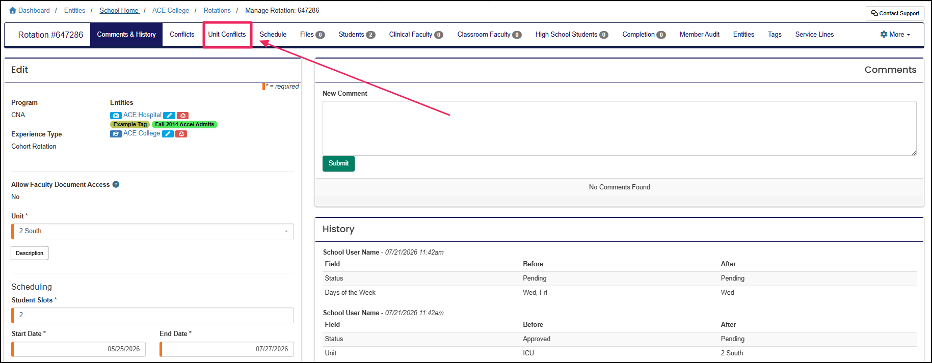 Rotation manage page highlighting the unit conflicts tab.