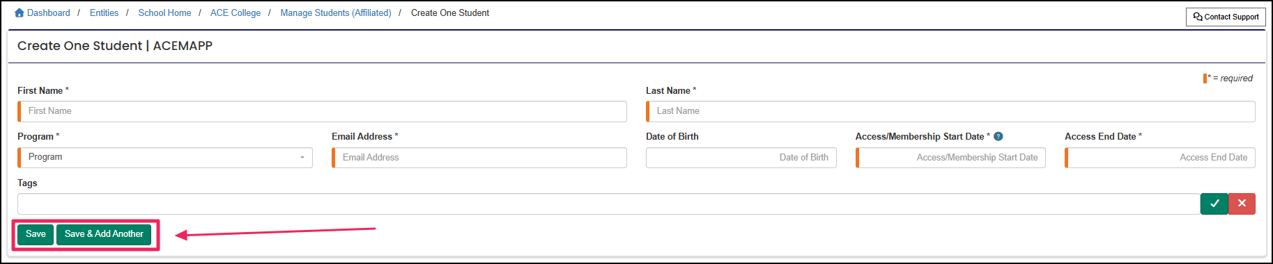 Create One Student form highlighting Save and Save & Add Another buttons.