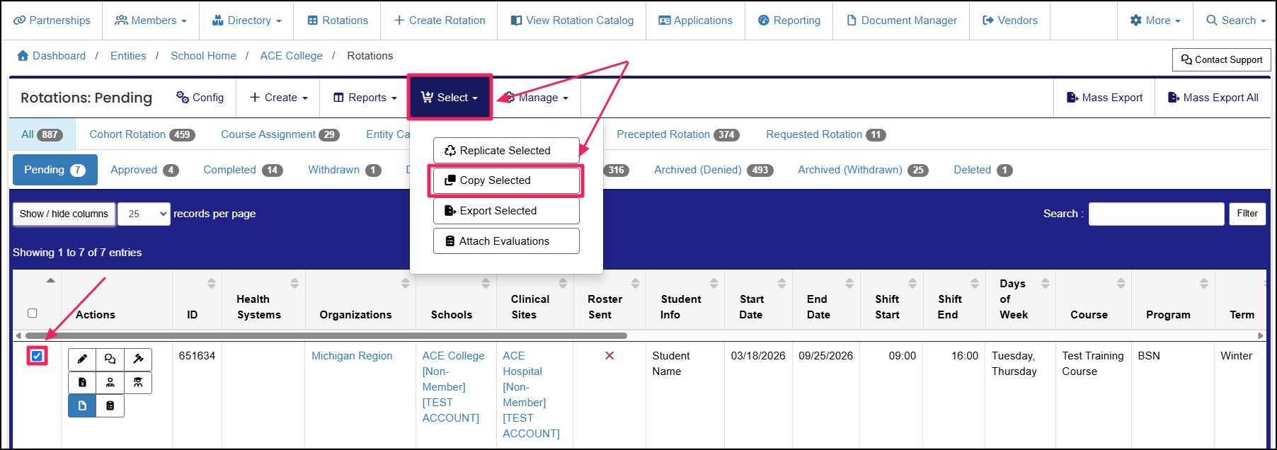 Rotations table highlighting the select dropdown and copy selected button.