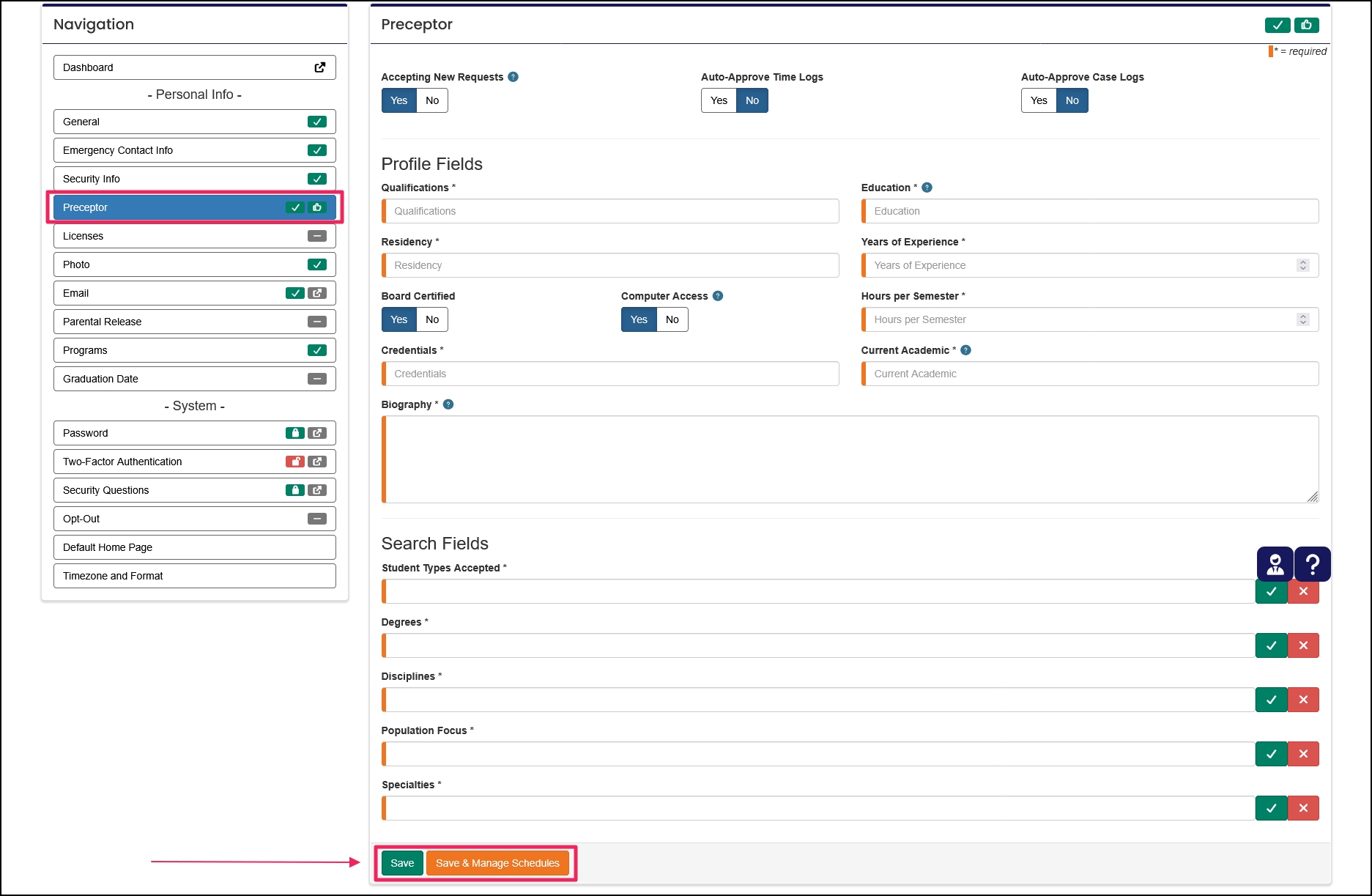 Preceptor tab with 'Save' and 'Save & Manage Schedules' buttons highlighted.