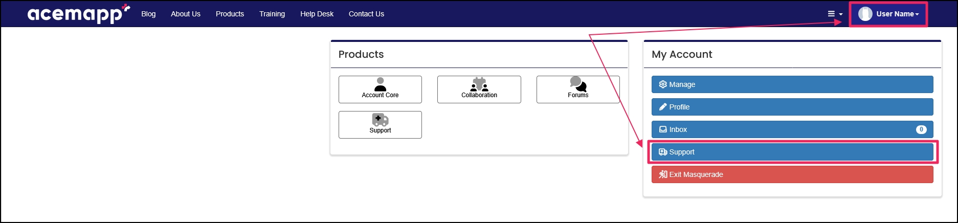 Screenshot highlighting the Support button in the dropdown My Account menu with an arrow pointing to it.