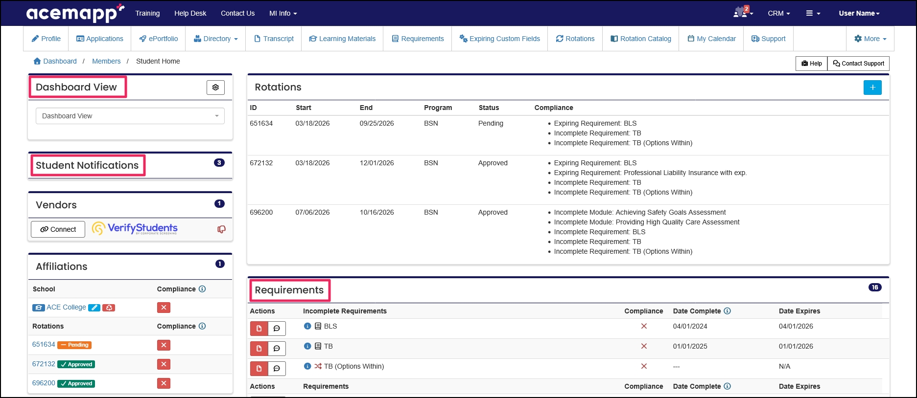 Member home page highlighting Dashboard, Student Notifications, and Requirements panels.