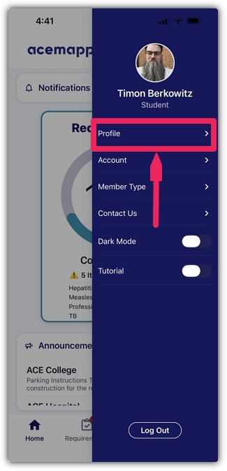 Account menu with Profile highlighted.