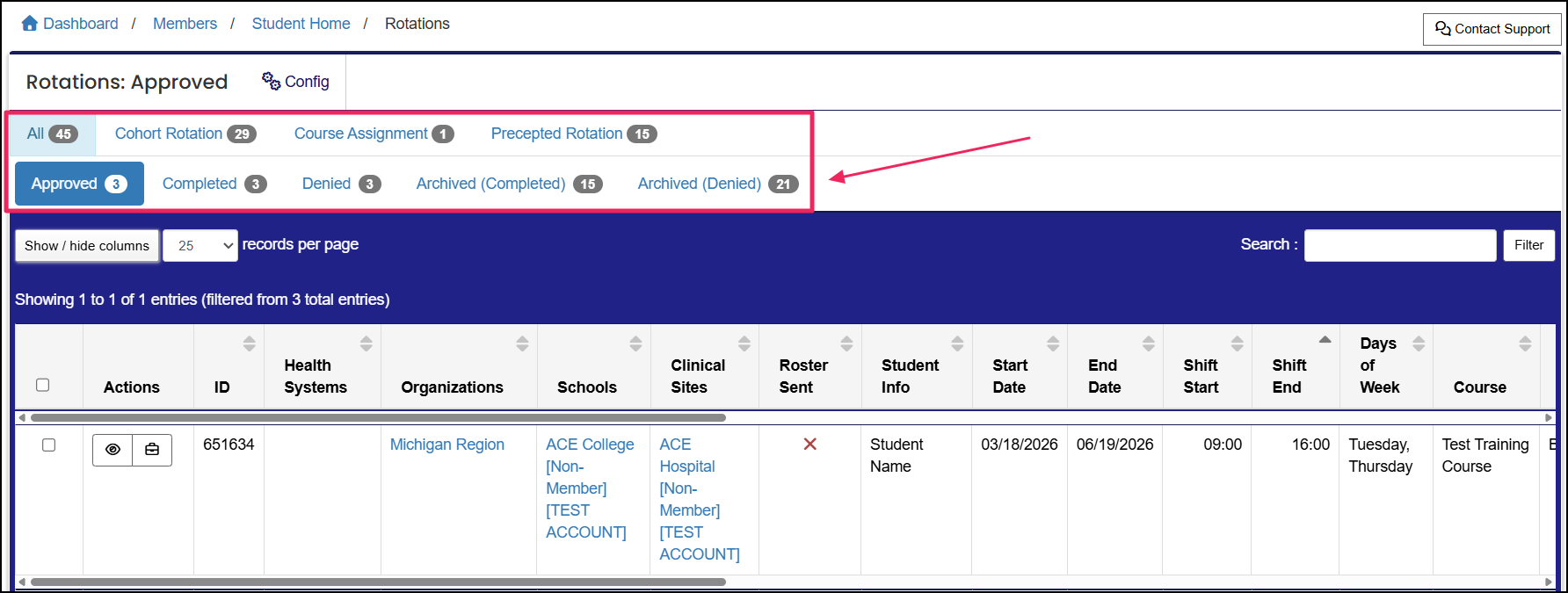 Rotation table highlighting filter options.
