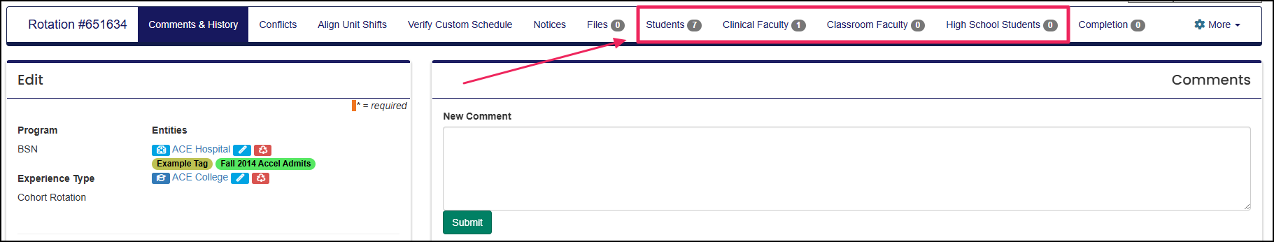 Rotation manage page highlighting the students, clinical faculty, classroom faculty, and high school students tabs.