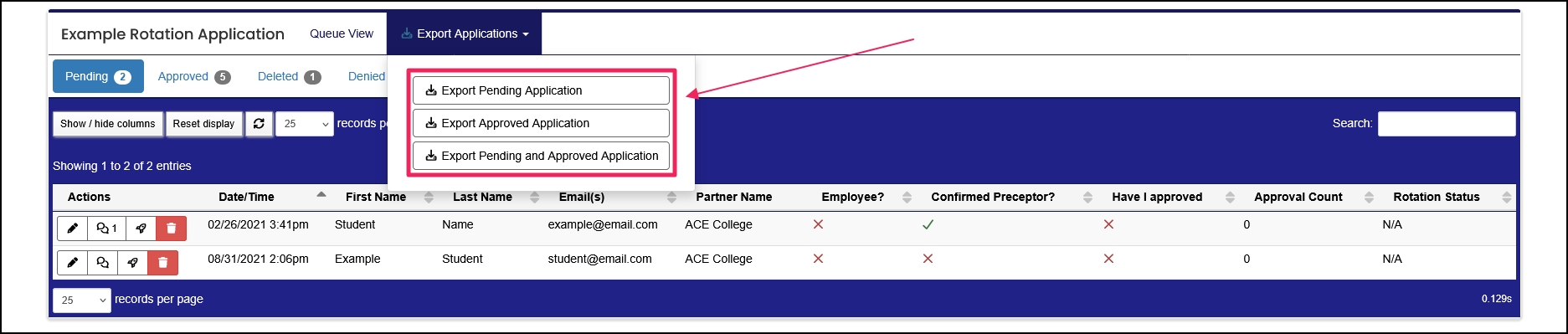Application List table highlighting Export Applications options.