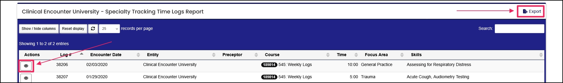Historical Time Logs Report Results highlighting the View and Export buttons.