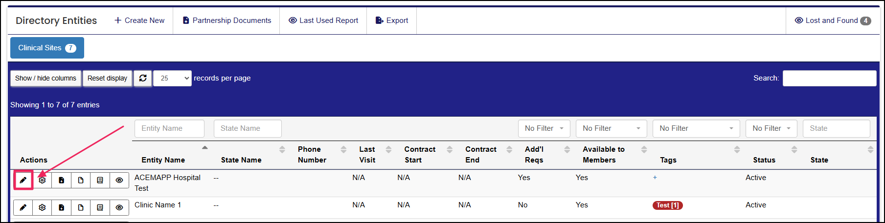 Directory Entities table highlighting Edit button.