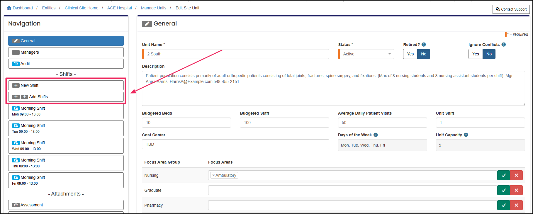 Edit site unit page highlighting the new shift and add shifts button