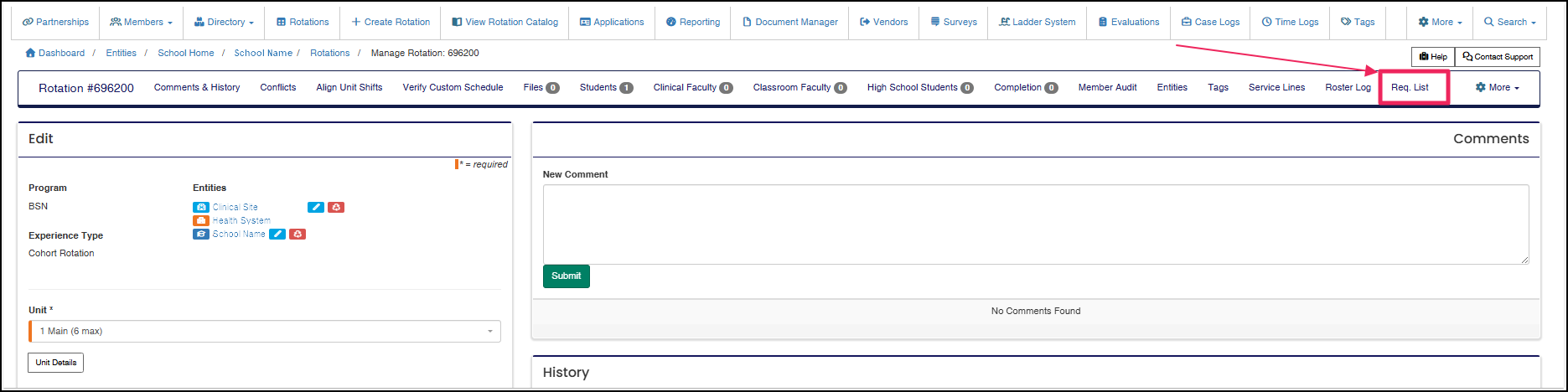 Edit Rotation screen with an arrow pointing to "Req List" button