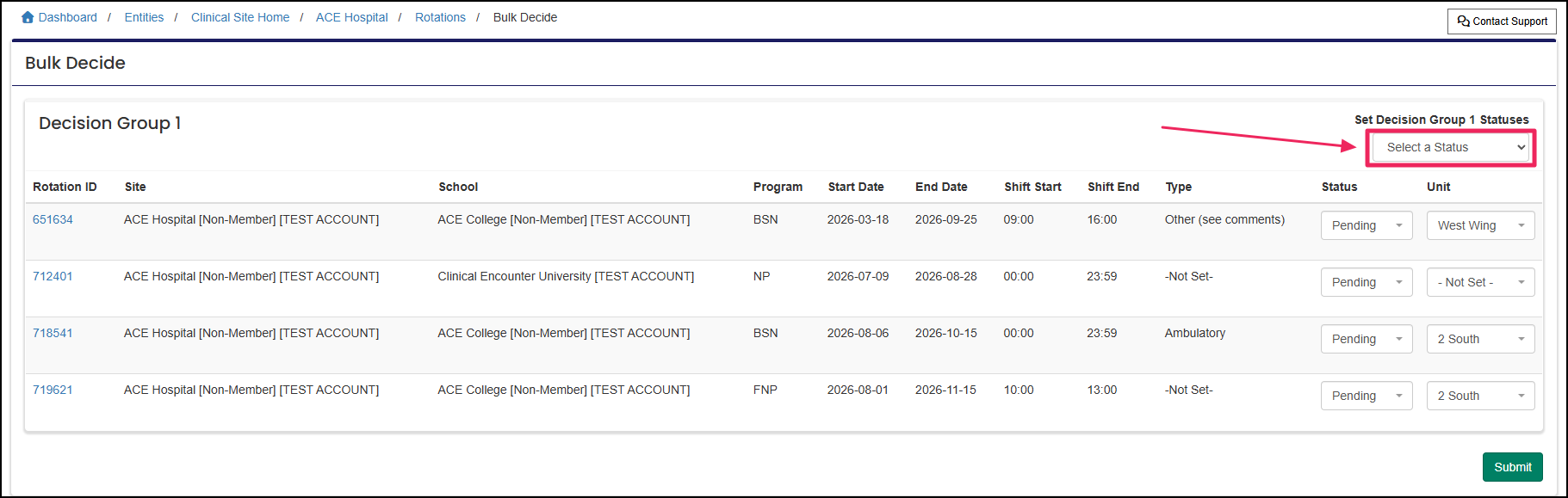 Rotation bulk decide page highlighting the select a status dropdown.