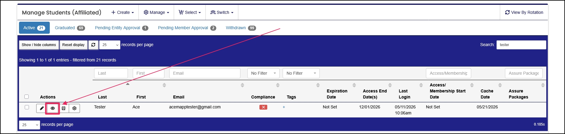 Manage Students (Affiliated) table with an arrow pointing to the view/eye icon.