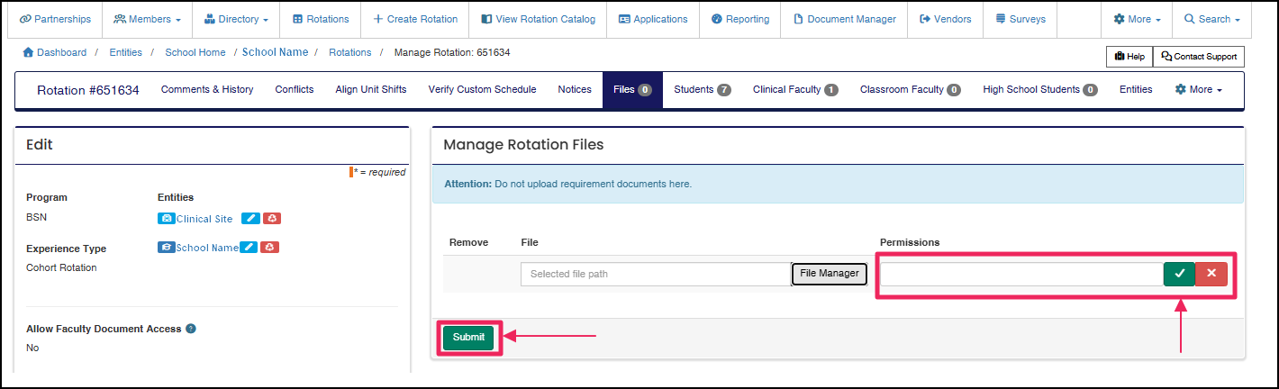 Manage Rotation Files panel highlighting Permissions field