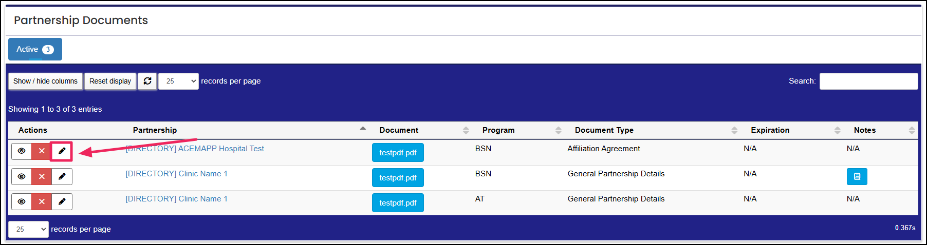 Directory partnership documents table highlighting the edit button.