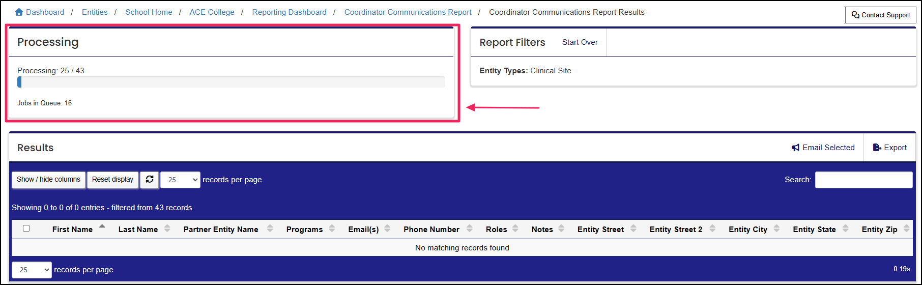 Processing Panel displaying report progress.