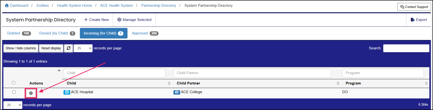 System Partnership Directory highlighting the Manage icon.