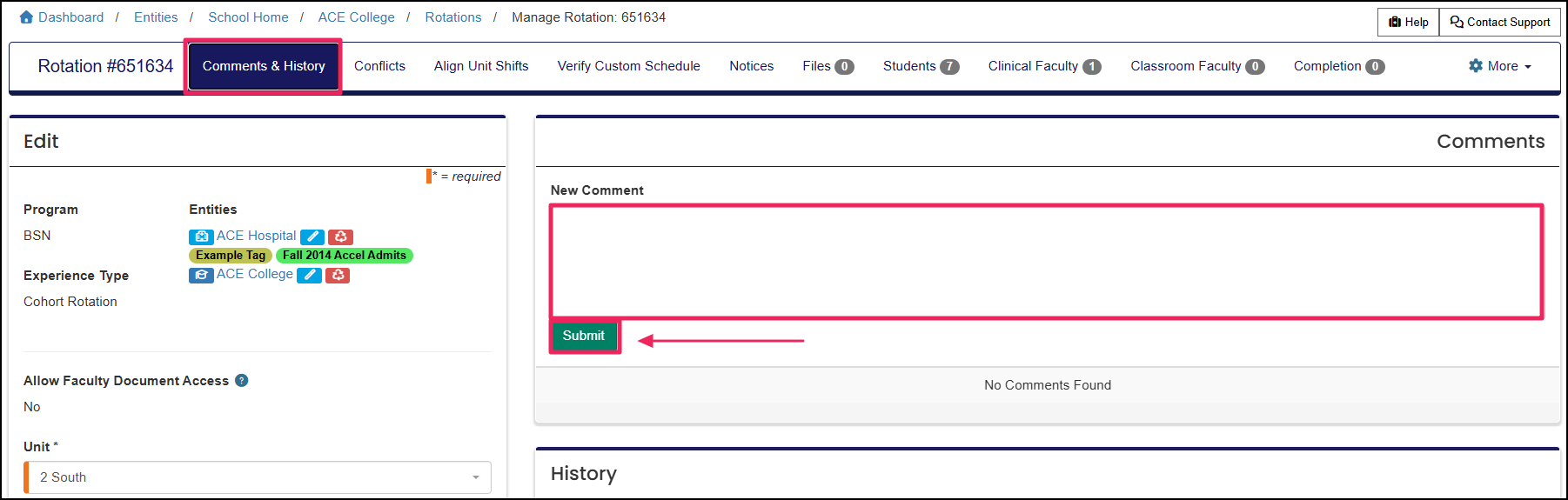Rotation manage page highlighting the comments area.