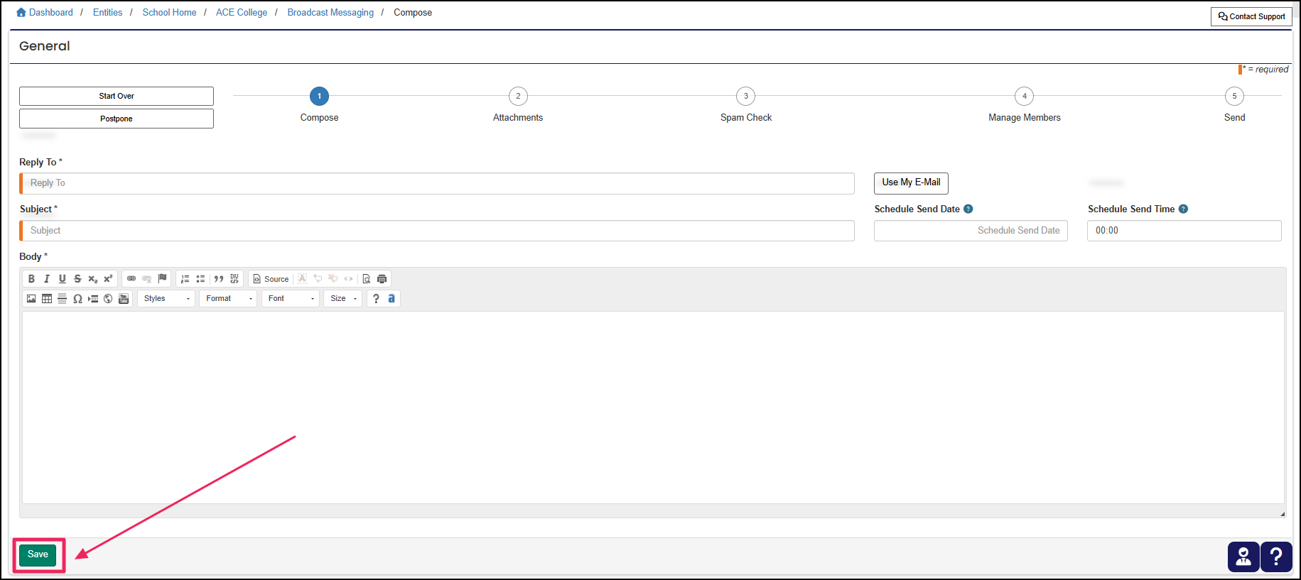Email page highlighting the save button.