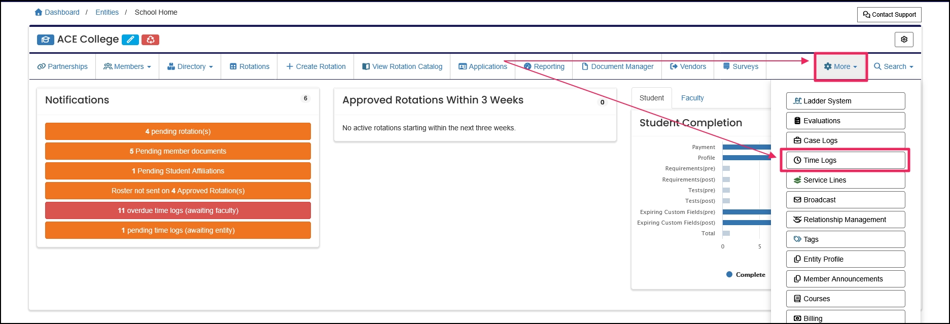 School home page highlighting more drop-down button, and time logs button.