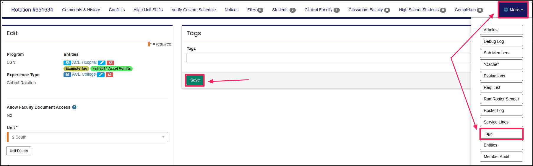Edit Rotation page highlighting Tags button and Tags panel example.