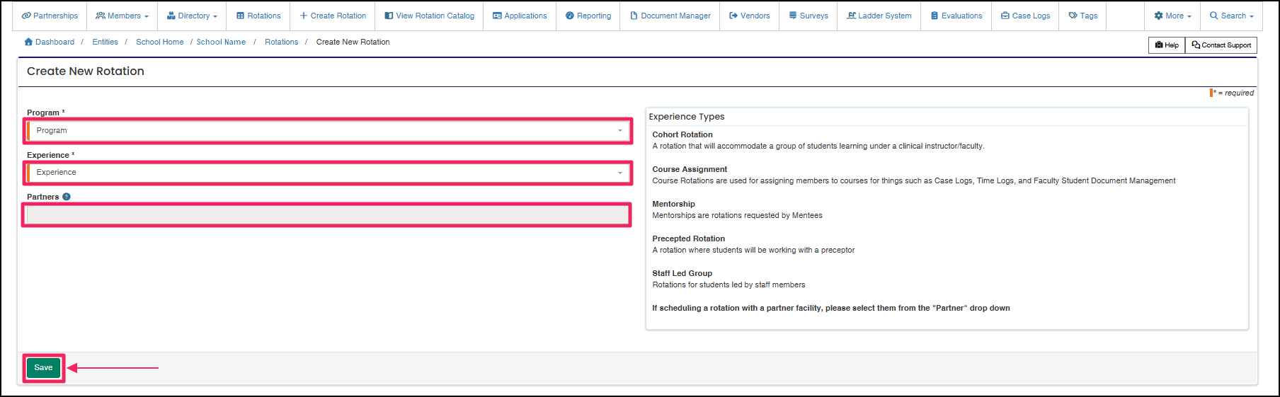 Create a rotation form highlighting required fields and save button.