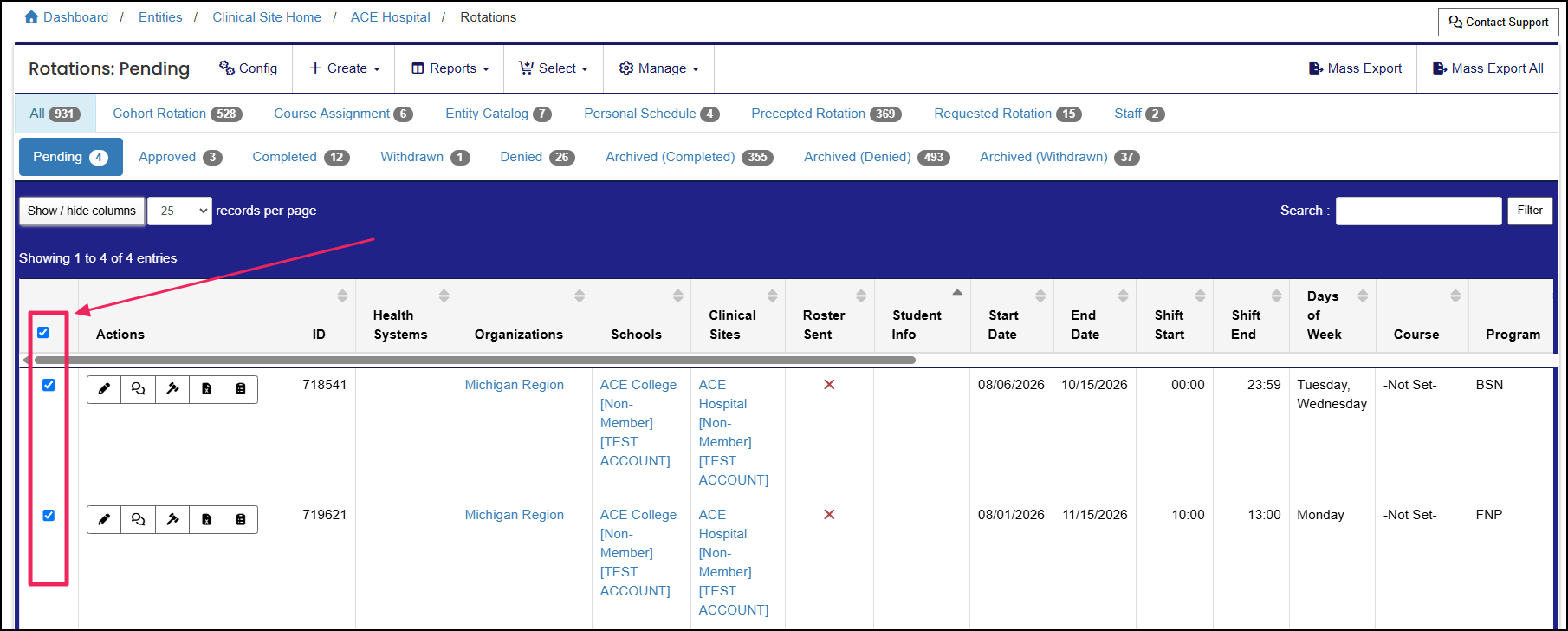 Rotations table highlighting the select buttons