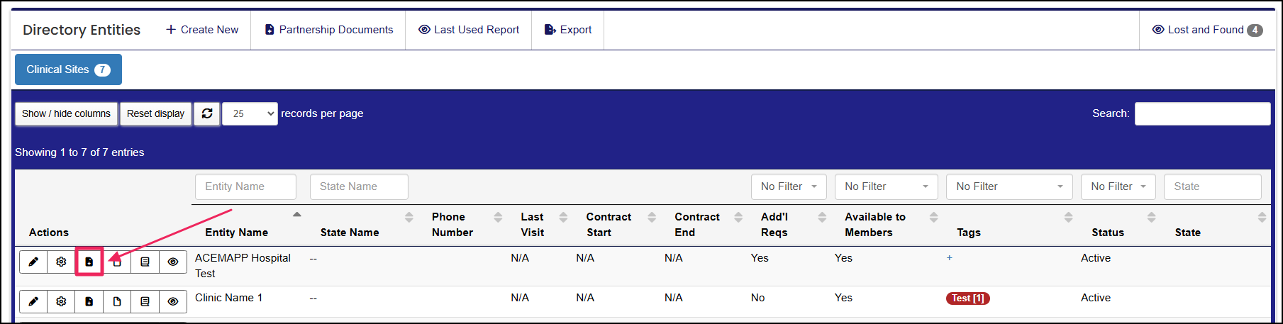 Directory Entities table highlighting partnership Documents button
