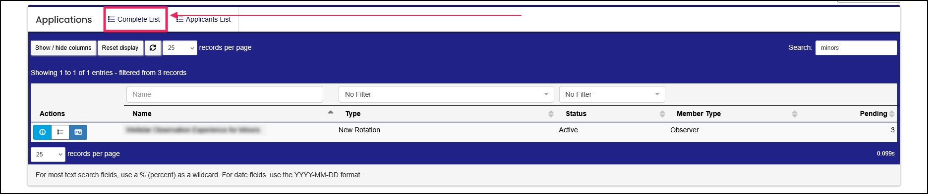 Applications table highlighting complete list button.
