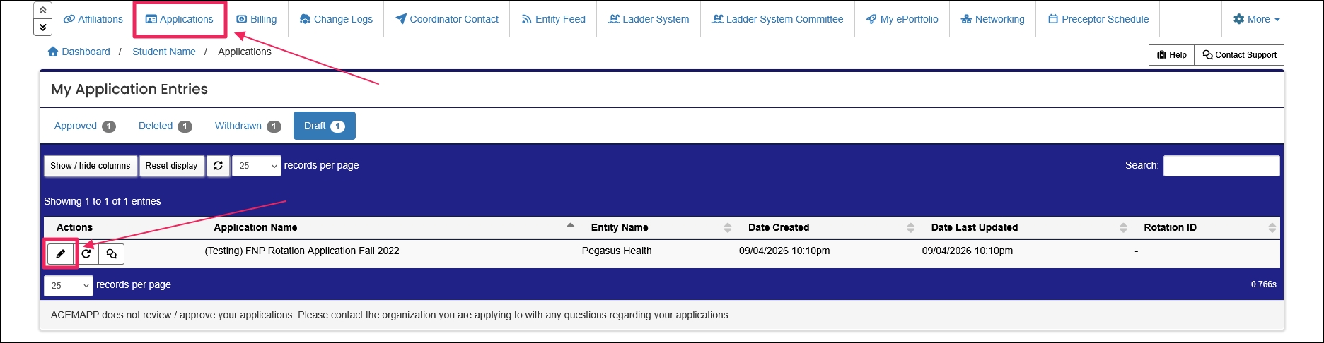 Applications area highlighting the applications tab and the edit button.
