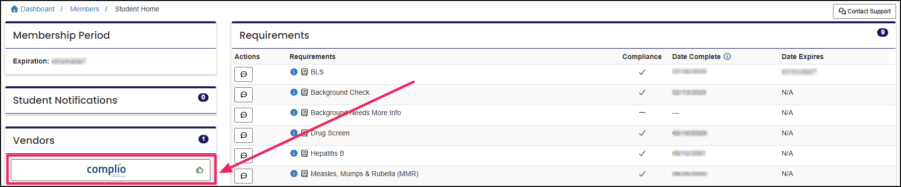 Member navigation panel highlighting Vendor button