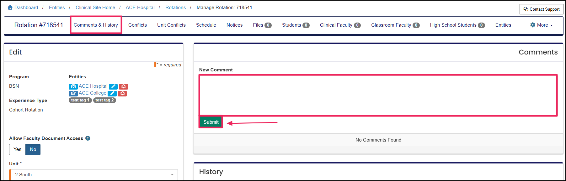 Edit Rotation page highlighting rotation comments section.