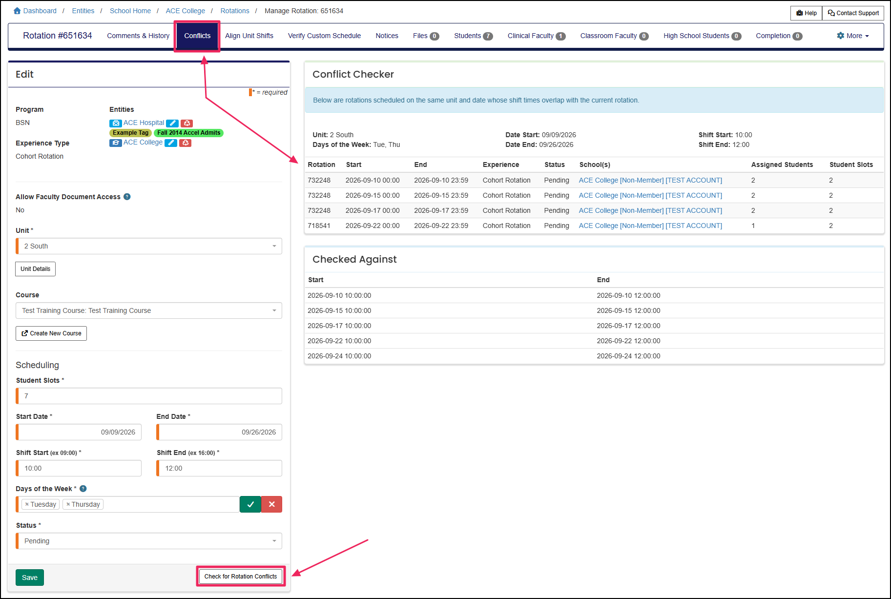 Rotation edit page highlighting Conflict button and Check for Conflicts button.