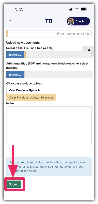 Requirement details screen with the Submit button highlighted.